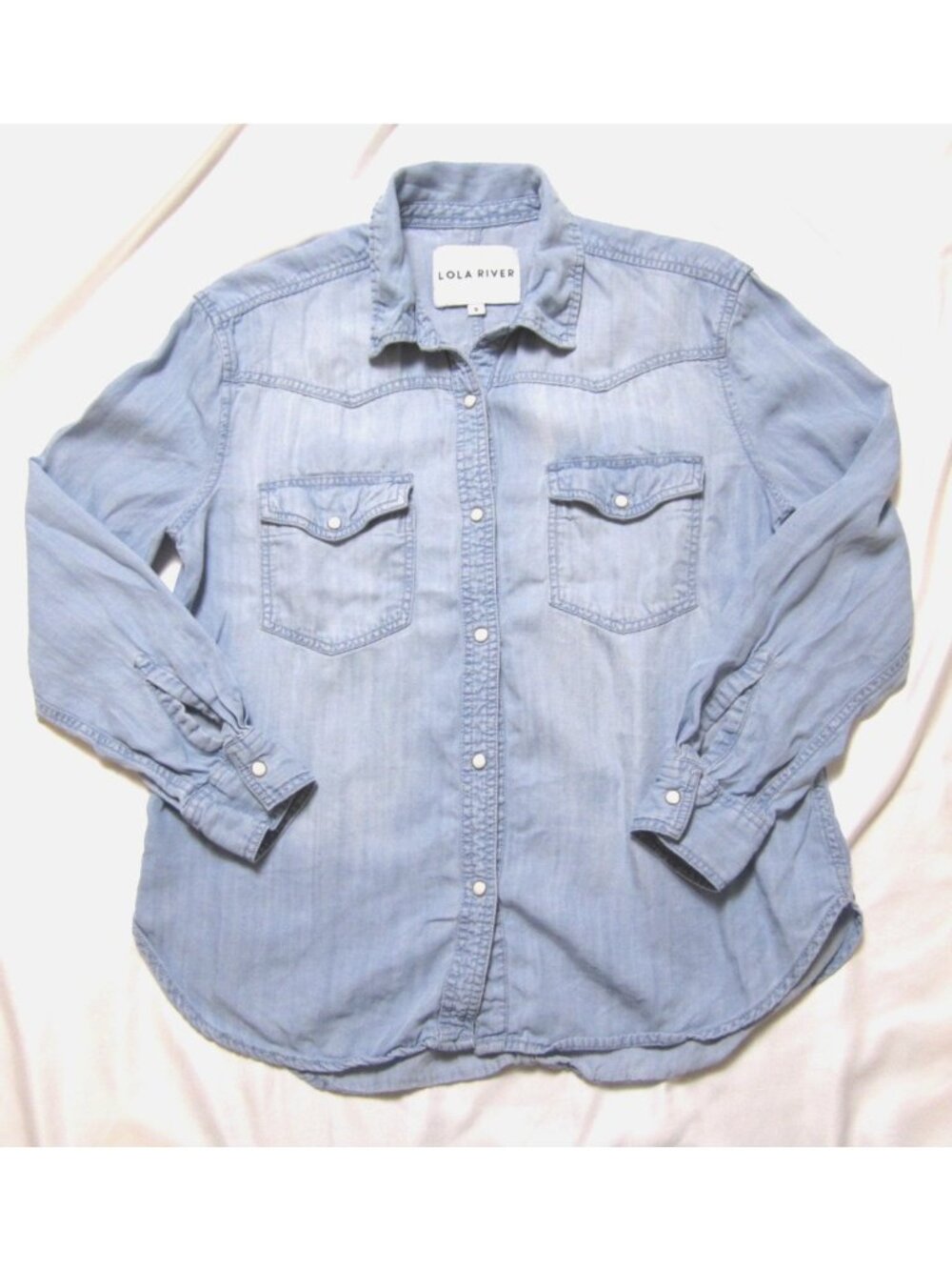 Lola River Women Sz S Chambray Pearl Snap Shirt Tencel Preppy Western (WB594)